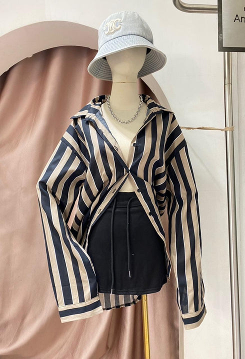 Long Sleeves Strip Collar Down Shirts